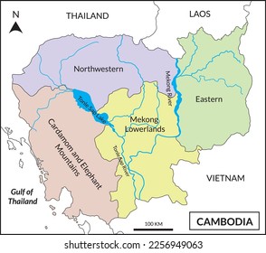 Map of Cambodia includes four regions: Northwestern, Cardamom and Elephant Mountains, Mekong Lowlands, and Eastern. Mekong River basin and Tonle Sap Lake. 