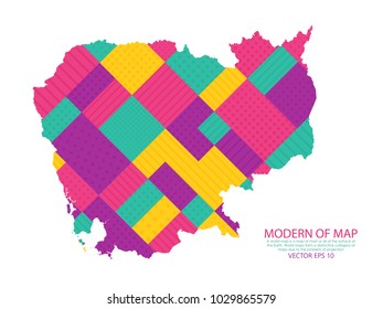 Map of Cambodia - Modern Geometric dots and lines background, colorful carving art - blue, yellow and violet. Vector illustration eps 10.