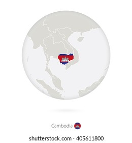 Map of Cambodia and national flag in a circle. Cambodia map contour with flag. Vector Illustration.