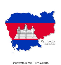 Map of Cambodia with national flag. Highly detailed editable map of Cambodia, Southeast Asia country territory borders. Political or geographical design element vector illustration on white background