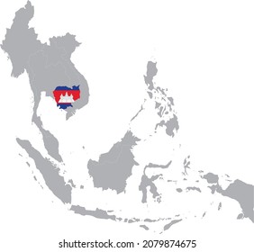 Map of Cambodia with national flag inside the gray map of Southeast region of Asia