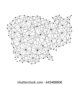 Map of Cambodia from polygonal black lines and dots of vector illustration