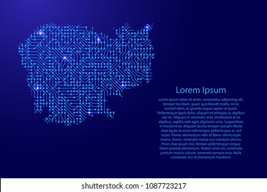 Map Cambodia from printed board, chip and radio component with blue star space on the contour for banner, poster, greeting card. Computer electronics processor motherboard. Vector illustration. 