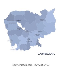 Map of CAMBODIA with Regions Borders and Famous Cities