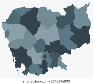 Map of Cambodia with regions. Just a simple country border map with region division. Blue grey color palette. Flat Cambodia shape with administrative division. Vector illustration.