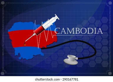 Map of Cambodia with Stethoscope and syringe.
