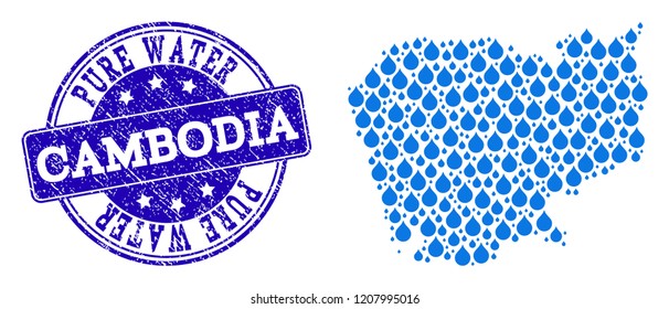 Map of Cambodia vector mosaic and Pure Water grunge stamp. Map of Cambodia formed with blue liquid dews. Seal with distress rubber texture for pure drinking water.