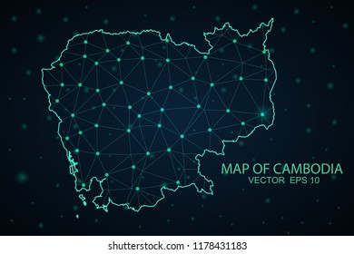 Map Cambodia. Wire Frame 3D mesh polygonal network line, design sphere,Cambodia map on dark background. Vector illustration eps 10.