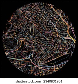 Map of Cambridge, Massachusetts with all major and minor roads, railways and waterways. Colorful line art on black background.