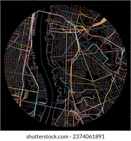 Map of Camden, New Jersey with all major and minor roads, railways and waterways. Colorful line art on black background.