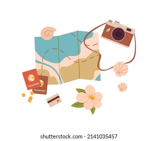 Map, camera, passports, money and bank card for sea travel. Tourists stuff, things for summer tour, vacation . Travelers objects. Flat vector illustration isolated on white background