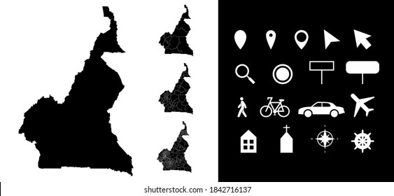 Map of Cameroon administrative regions departments with icons. Map location pin, arrow, looking glass, signboard, man, bicycle, car, airplane, house. Royalty free outline Cameroonian vector map.