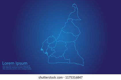 Map of cameroon - With glowing point and lines scales on the dark gradient background. camerooni map with country borders, thin Blue outline on Dark background.
