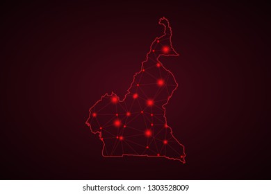 Map of Cameroon - With glowing point and lines scales on the dark gradient background, 3D mesh polygonal network connections.Vector illustration eps 10. - Vector