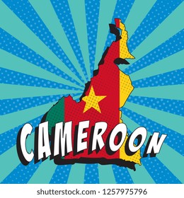 map of cameroon with national flag in retro comic pop art style on colorful background with radial lines