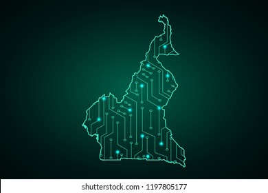 Map of Cameroon, network line, design sphere, dot and structure on dark background with Map Cameroon, Circuit board. Vector illustration. Eps 10