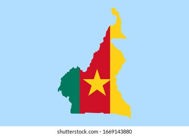 Map of Cameroon on a blue background, Flag of Cameroon on it.