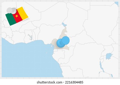 Map of Cameroon with a pinned blue pin. Pinned flag of Cameroon, vector illustration.