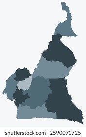 Map of Cameroon with regions. Just a simple country border map with region division. Blue grey color palette. Blank Republic of Cameroon shape with administrative division. Vector illustration.