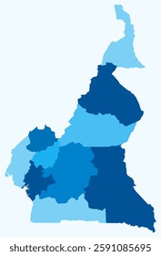 Map of Cameroon with regions. Just a simple country border map with region division. Light blue color palette. Flat Republic of Cameroon shape with administrative division. Vector illustration.