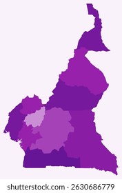 Mapa de Camarões com regiões. Apenas um simples mapa de fronteira de país com divisão de região. Paleta de cores roxas. Forma em branco da República dos Camarões com divisão administrativa. Ilustração vetorial.