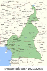 Map of Cameroon. Shows country borders, urban areas, place names and roads. Labels in English where possible.Projection: Mercator.