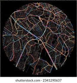 Map of Campinas with all major and minor roads, railways and waterways. Colorful line art on black background.