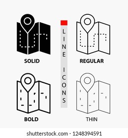 Map, Camping, plan, track, location Icon in Thin, Regular, Bold Line and Glyph Style. Vector illustration