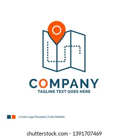 Map, Camping, plan, track, location Logo Design. Blue and Orange Brand Name Design. Place for Tagline. Business Logo template.