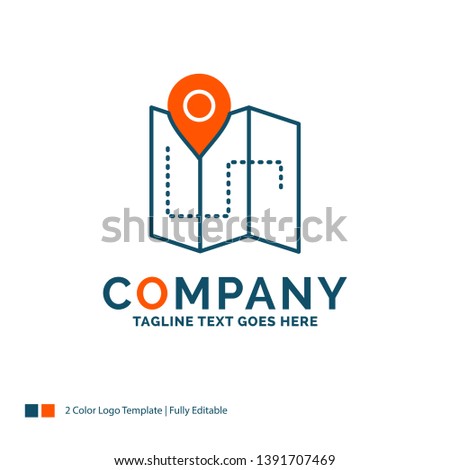 Map, Camping, plan, track, location Logo Design. Blue and Orange Brand Name Design. Place for Tagline. Business Logo template.