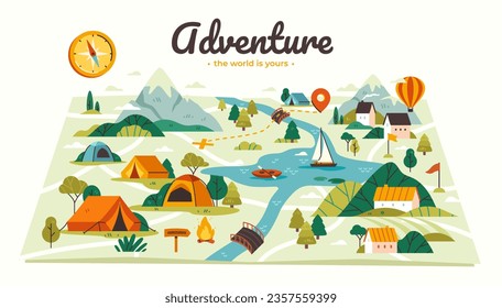 Map for camping and travel. Banner with natural landscape and mountains, campfire and tent, boat and houses. Journey and adventure. Cartoon flat vector illustration isolated on white background