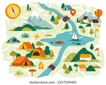 Map for camping and travel. Nature poster with mountains and river, campfire and tents, trees and compass. Adventure and journey concept. Cartoon flat vector illustration isolated on white background