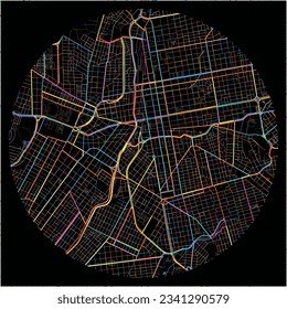 Map of CampoGrande with all major and minor roads, railways and waterways. Colorful line art on black background.