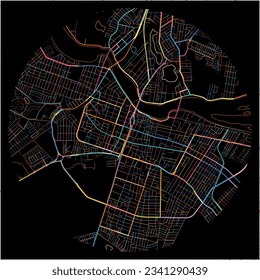 Map of CamposdosGoytacazes with all major and minor roads, railways and waterways. Colorful line art on black background.