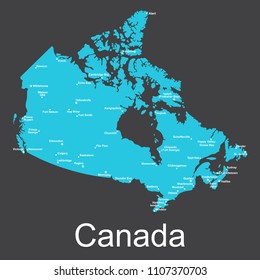 Map of Canada with cities on a dark background, vector illustration.