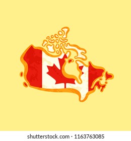 Map of Canada colored with Canadian flag and marked with golden line in grunge vintage style.