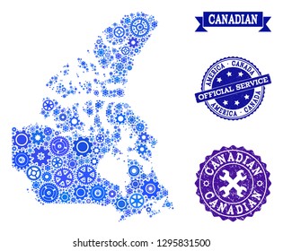 Map of Canada composed with blue wheel symbols, and isolated scratched seals for official repair services. Vector abstract collage of map of Canada with repair symbols in blue color tints.