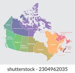 Map of Canada divided into 10 provinces and 3 territories. Administrative regions of Canada. Multicolored map with labels. Vector illustration.