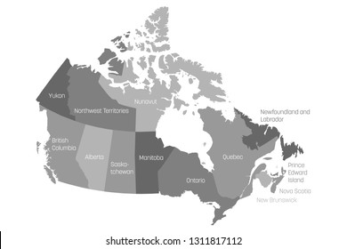 Map of Canada divided into 10 provinces and 3 territories. Administrative regions of Canada. Grey map with labels. Vector illustration.