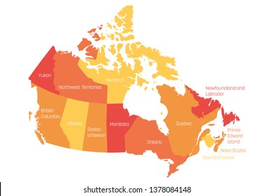 Map of Canada divided into 10 provinces and 3 territories. Administrative regions of Canada. Orange map with labels. Vector illustration.