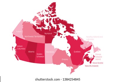 Map of Canada divided into 10 provinces and 3 territories. Administrative regions of Canada. Pink map with labels. Vector illustration.