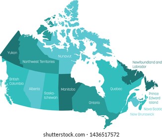 Map of Canada divided into 10 provinces and 3 territories. Administrative regions of Canada with labels. Vector illustration.