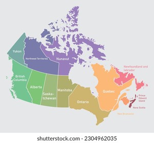 Map of Canada divided into 10 provinces and 3 territories. Administrative regions of Canada. Multicolored map with labels. Vector illustration.