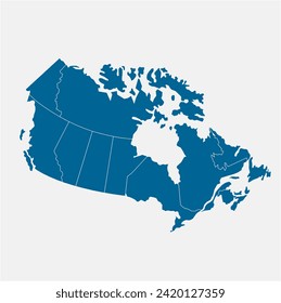 Map of Canada divided into 10 provinces and 3 territories. Administrative regions of Canada. Blank multicolored map. Vector illustration.