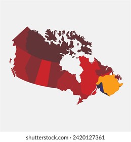 Map of Canada divided into 10 provinces and 3 territories. Administrative regions of Canada. Blank multicolored map. Vector illustration.