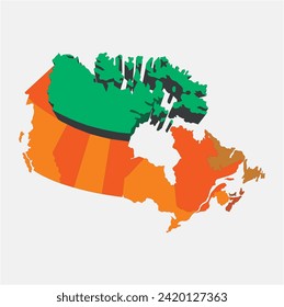 Map of Canada divided into 10 provinces and 3 territories. Administrative regions of Canada. Blank multicolored map. Vector illustration.