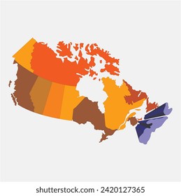 Map of Canada divided into 10 provinces and 3 territories. Administrative regions of Canada. Blank multicolored map. Vector illustration.