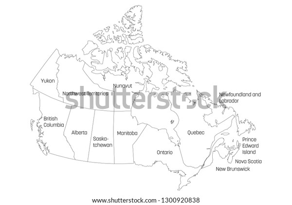 Map of\
Canada divided into 10 provinces and 3 territories. Administrative\
regions of Canada. White map with black outline and black region\
name labels. Vector\
illustration.