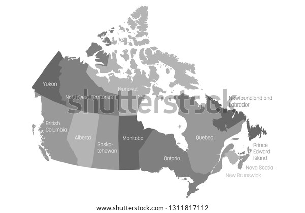 Map of Canada divided into 10 provinces and\
3 territories. Administrative regions of Canada. Grey map with\
labels. Vector\
illustration.