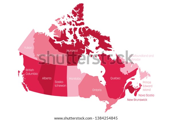 Map of Canada divided into 10 provinces and\
3 territories. Administrative regions of Canada. Pink map with\
labels. Vector\
illustration.